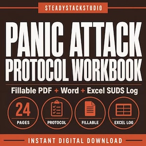 Può includere: Un manuale digitale intitolato PANIC ATTACK PROTOCOL WORKBOOK di STEADYSTACKSTUDIO. Include 24 pagine, una lista di controllo del protocollo, formati PDF e Word compilabili e un registro Excel SUDS. Testo bianco su sfondo marrone scuro.