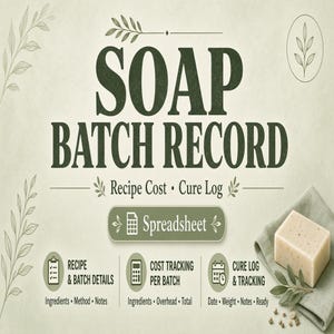 Soap Maker Batch Record Spreadsheet, Recipe Cost Calculator and Cure Log Printable
