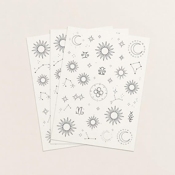 Celestial Sun Moon Tattoo Flash Sheets, Stars and Fine Line Stencil JPG PNG Bundle preview 1