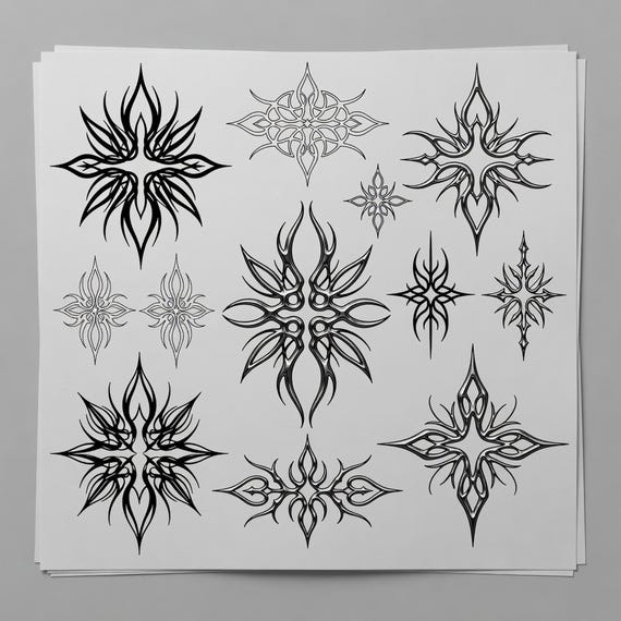 Ornamental Cyber Sigil Tattoo Flash Sheets, Abstract Blackwork Stencil JPG PNG preview 1