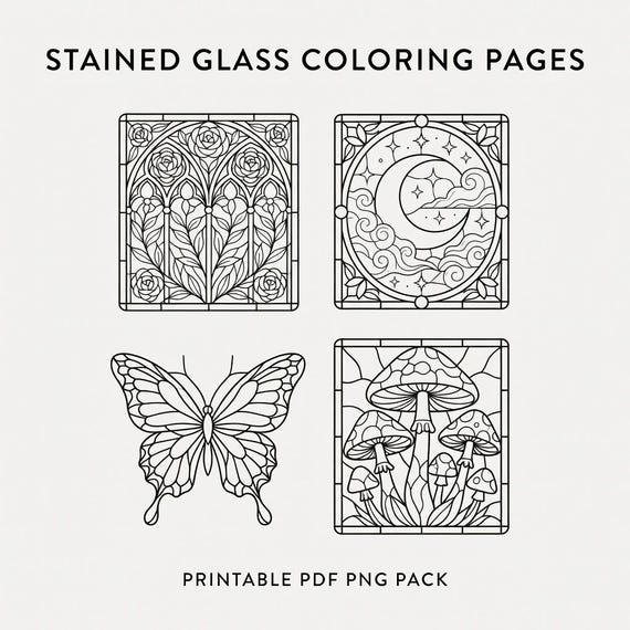 Stained Glass Coloring Pages Printable, Bold Relaxing PDF PNG Pack