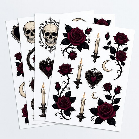 Gothic Rose Skull Clipart PNG Sheet Bundle, Dark Floral Sticker Art preview 1