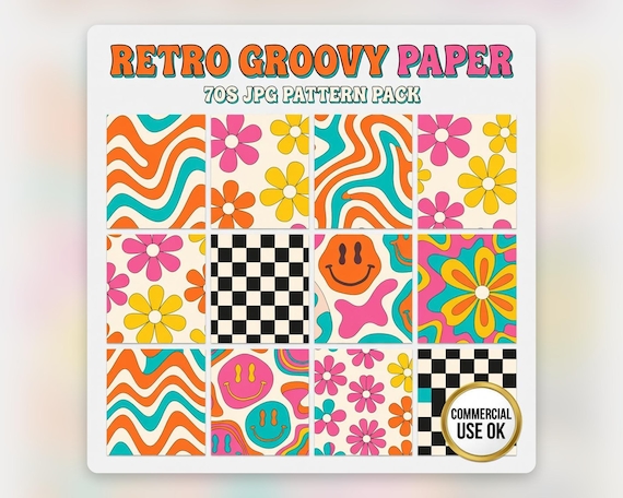 Retro Groovy Digital Paper Pack, 70s Pattern JPG Backgrounds Commercial Use preview image from SteadyStackStudio