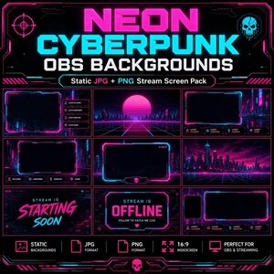 Neon Cyberpunk Vtuber Background | Static Stream Room Background Pack, Neon Gaming Room Streamer Screens JPG PNG
