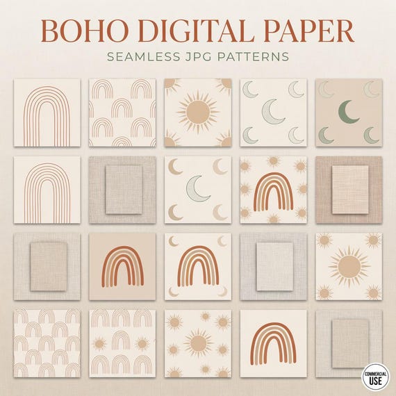 Boho Digital Paper Pack, Neutral Pattern JPG Backgrounds Commercial Use preview image from SteadyStackStudio