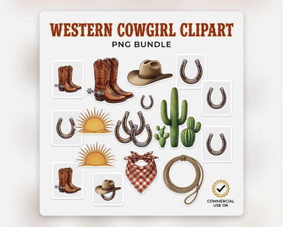 Western Cowgirl Clipart PNG Bundle, Boots Hats Desert Sticker Art Commercial Use preview image from SteadyStackStudio