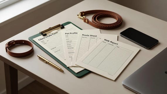 Dog Walking Business Forms, Client Intake Walk Report and Route Tracker PDF Word Excel. Styled digital download cover.