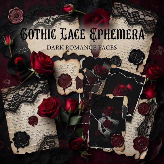 Gothic Lace Ephemera Kit, Printable Dark Romance Junk Journal Pages preview image from SteadyStackStudio