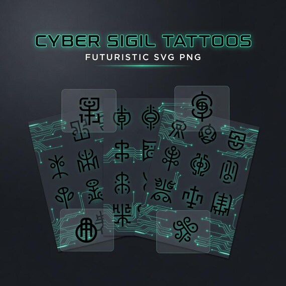 Cyber Sigil Tattoo Flash Sheets, Futuristic Symbol Printable JPG PNG Bundle preview image from SteadyStackStudio