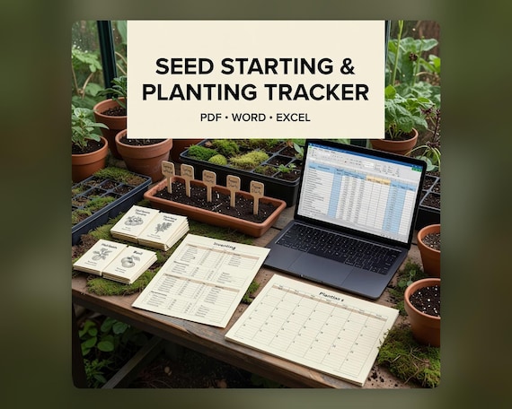 Seed Starting Spreadsheet, Planting Calendar Seed Inventory Germination and Transplant Tracker PDF Word Excel. Styled digital download cover.
