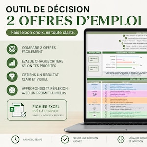 Peut inclure: Un ordinateur portable affiche un outil de comparaison d'offres d'emploi avec le texte "OUTIL DE DÉCISION 2 OFFRES D'EMPLOI" et "Bien en case". L'écran montre des graphiques et des données. L'ordinateur est sur une surface en bois.