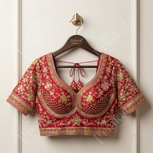 May include: A red blouse featuring intricate gold embroidery, floral patterns, and sequin embellishments. The garment has short sleeves, a deep scoop neckline, and a back tie closure with decorative tassels, all displayed on a wooden hanger.