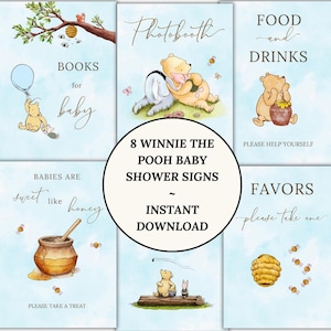 Vintage Winnie de Pooh Baby Boy douchebordenbundel, klassieke blauwe ballon honingboom decoratie bewegwijzering bewerkbare sjabloon digitale download