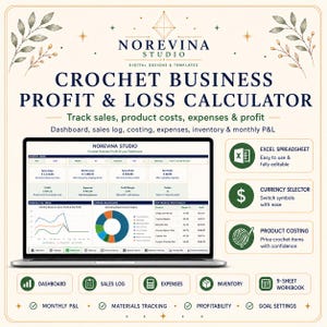 May include: A digital crochet business profit and loss calculator template displayed on a laptop screen. The interface features a dashboard with financial metrics, charts, and tables. Includes icons for Excel, currency, and yarn, plus text labels.