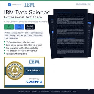 May include: An IBM Data Science Professional Certificate advertisement. The image features the IBM logo, Coursera branding, and details about the course, including the number of pages, courses, and a list of topics covered. Study notes and a PDF are also mentioned.