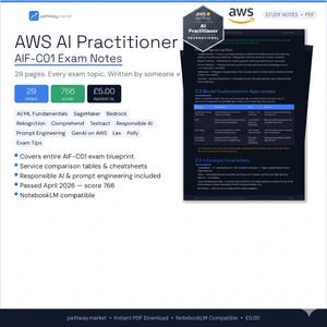 May include: A digital study guide for the AWS AI Practitioner exam, titled "AWS AI Practitioner AIF-C01 Exam Notes." The document is 29 pages long and includes exam topics, cheat sheets, and prompt engineering information. The score achieved was 766.