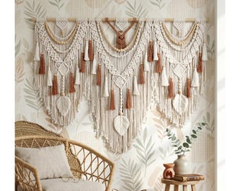Tapiz de macramé grande de 43 x 33,5 pulgadas, decoración de pared estilo boho, tapiz tejido, tapiz de macramé con hojas, plumas y cuentas de madera, hecho a mano en algodón.