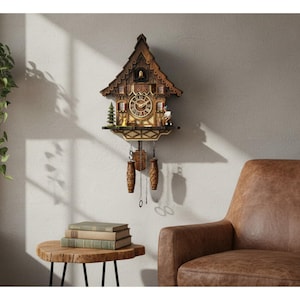 May include: A wooden cuckoo clock with a detailed facade, featuring a clock face, decorative elements, and hanging weights. The clock is mounted on a light-colored wall, with a small wooden table and a leather armchair in the foreground.