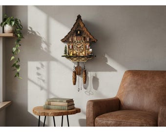 Reloj de cuco vintage de madera de la Selva Negra, reloj de pared, reloj de pájaro estilo chalet alemán hecho a mano, regalo de decoración rústica tradicional para el hogar