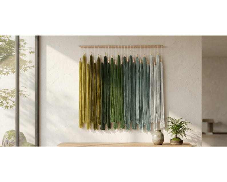 Puede incluir: Un tapiz de pared compuesto por numerosos hilos verticales suspendidos de una varilla de madera horizontal. El hilo presenta un degradado de color que va desde el verde oliva y verde bosque a la izquierda hasta el verde azulado y gris claro a la derecha.