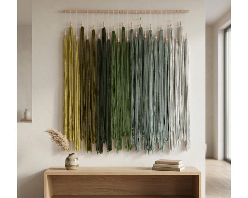 Puede incluir: Un tapiz de pared que presenta una varilla de madera horizontal con m&uacute;ltiples hilos verticales de lana en una paleta de colores degradados. Los tonos transicionan desde el verde oliva y verde bosque al salvia, azul gris&aacute;ceo y gris claro, con cuentas.