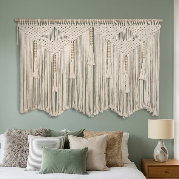 Macrame Wall Art Large Boho Wall Decor 43.5 x 43.3 Inch Handmade Woven Wall Hanging Tapestry, Cotton Fiber Wall Art, Bohemian Home Decor for