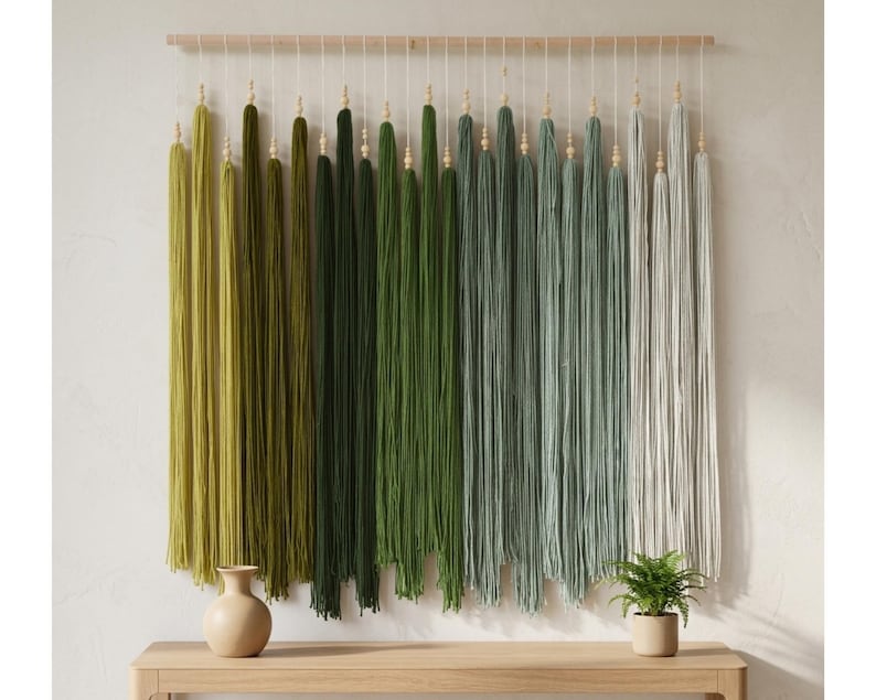 Puede incluir: Un tapiz de pared que presenta una varilla de madera horizontal con m&uacute;ltiples hilos verticales de lana en un degradado de color, que transita de verde oliva y verde bosque a salvia, gris claro y blanco, con peque&ntilde;as cuentas de madera.