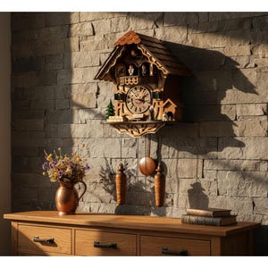 May include: A wooden cuckoo clock with a brown roof and intricate carvings hangs on a stone wall. The clock features a round face with Roman numerals, a pendulum, and decorative weights. A copper vase with dried flowers sits on a wooden dresser.