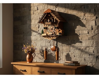 Reloj de cuco de madera de la Selva Negra con figuras danzantes, cuco de chalet alemán vintage, reloj de pájaro decorativo rústico hecho a mano