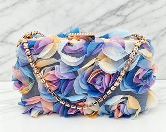 Handmade Organza Rose Clutch Bag Rhinestone Chain Floral Wedding Evening Crossbody Purse