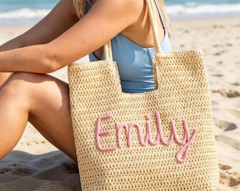 Custom Hand Crochet Straw Tote Bag Personalized Name Embroidery Large Summer Beach Shoulder Purse