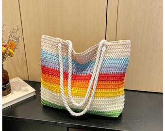 Rainbow Striped Straw Tote, Large Woven Beach Bag, Boho Summer Market Tote.