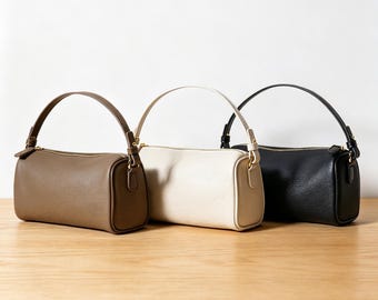 Genuine Pebbled Leather Mini Barrel Bag, Top Grain Cowhide Crossbody Purse.