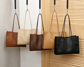 Genuine Leather Tote Bag, Minimalist Work Shoulder Bag, 13" Laptop Carry Purse.