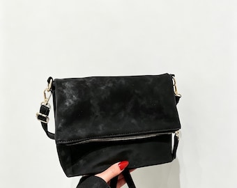 Soft PU Leather Foldover Crossbody Bag, Minimalist Adjustable Strap Messenger Purse.