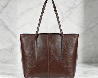 Genuine Oil Wax Leather Tote Bag, 14-Inch Laptop Shoulder Bag, Vintage Top Handle Purse.
