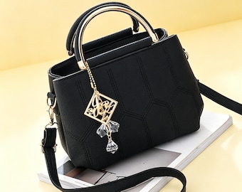 Geometric Stitch PU Leather Handbag, Crystal Charm Crossbody Purse, Elegant Shoulder Bag.