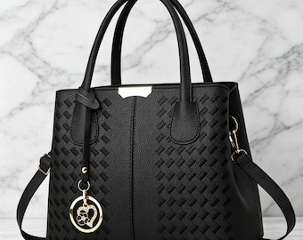 Stitched Leather Tote Bag, Woven Design, Top Handle, Crossbody Shoulder Purse.