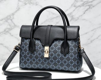 Monogram Print Satchel Bag, Vintage Faux Leather Crossbody Purse, Gold Lock Accent Handbag.