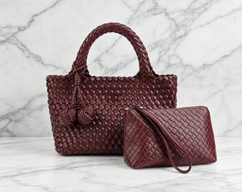 Woven PU Leather Tote Bag with Detachable Pouch, Basket Weave Crossbody Bag.