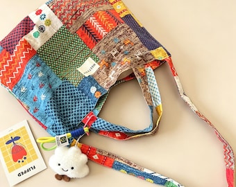 Vintage Patchwork Cotton Tote Bag, Colorful Bohemian Shoulder Bag with Charm