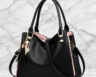 Spacious Faux Leather Tote Bag with Cat Charm, Multi-Color Shoulder Crossbody Purse.