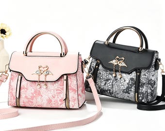 Swan Crystal Accent Top Handle Satchel, Floral Jacquard Crossbody Handbag