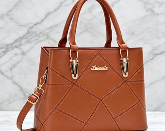 Geometric Stitch Faux Leather Top Handle Handbag, Gold Accent Tote, Crossbody Satchel.