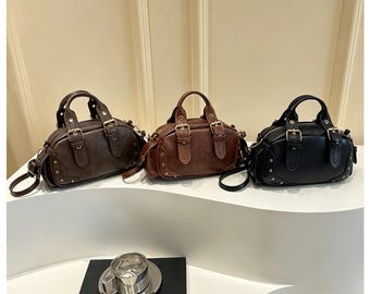 Vintage Mini Boston Bag, Distressed PU Leather Crossbody Satchel, Top Handle Shoulder Bag.