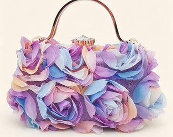 Floral Chiffon Evening Clutch Bag, 3D Roses, Crystal Clasp Top Handle Purse