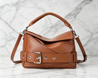 Geometric Genuine Leather Satchel, Retro Belted Top Handle Shoulder Bag.