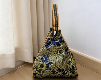 Vintage Brocade Triangle Handbag, Floral Jacquard Tote Bag with Paisley Strap