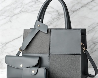 3 Piece Patchwork Tote Bag Set, Faux Leather Handbag with Wallet, Card Holder.