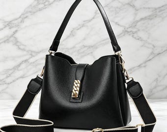 Faux Leather Bucket Bag, Multi-Wear Crossbody, Top Handle, Gold Accents, Work Purse.